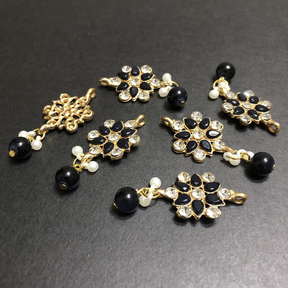 Refined Black Opulent with Off-White Pearls and Silver Crystals Golden Button