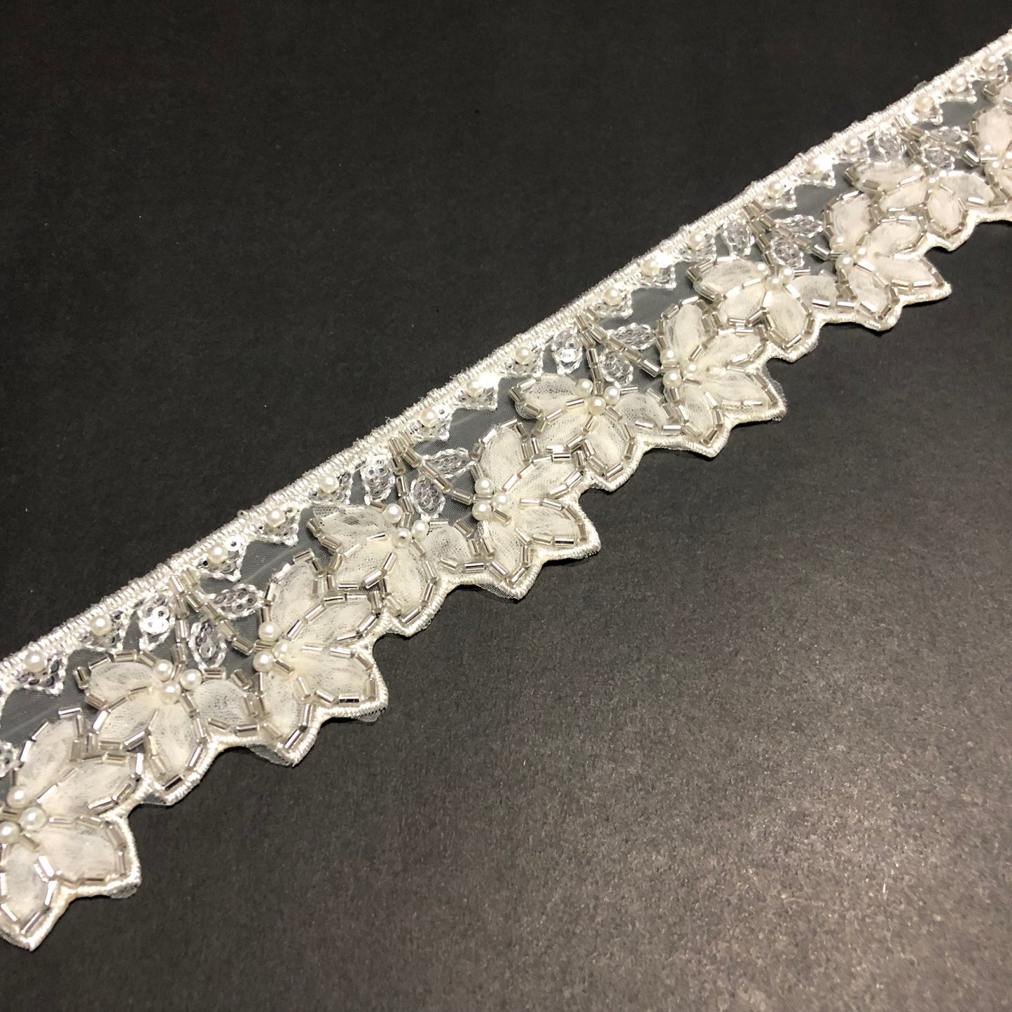 Peony Off-white Pearl, Silver Sequence, Cutdana and Off-white Net Lace