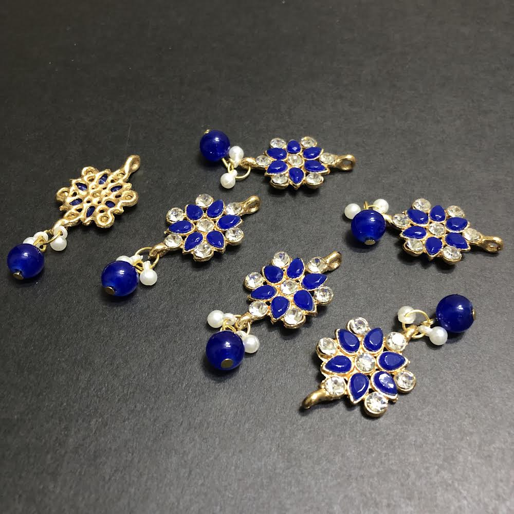 Refined Blue Opulent with Off-White Pearls and Silver Crystals Golden Button