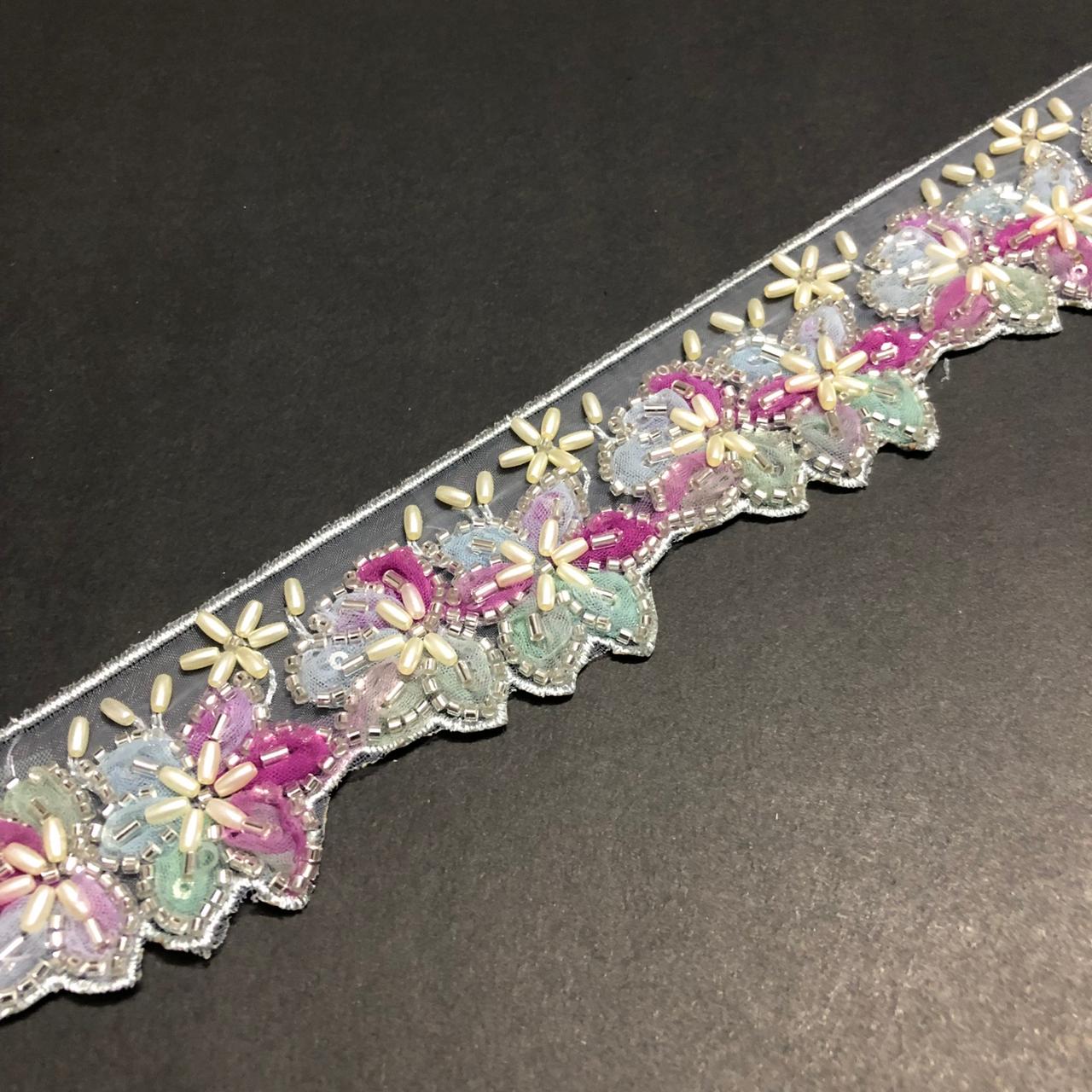 Cut-Edge Bloomy Silver Cutdana, Off-white Beads, and Pink, Lilac and Mint Green Net Tissue Lace