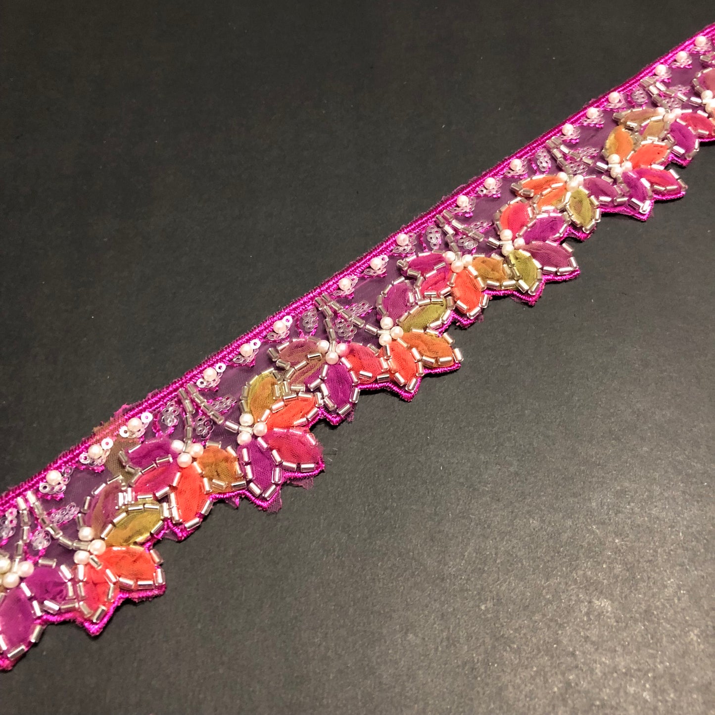 Peony Off-white Pearl, Pink Sequence, Silver Cutdana, and Orange, Mehndi Green, Fuschia Pink Net Lace