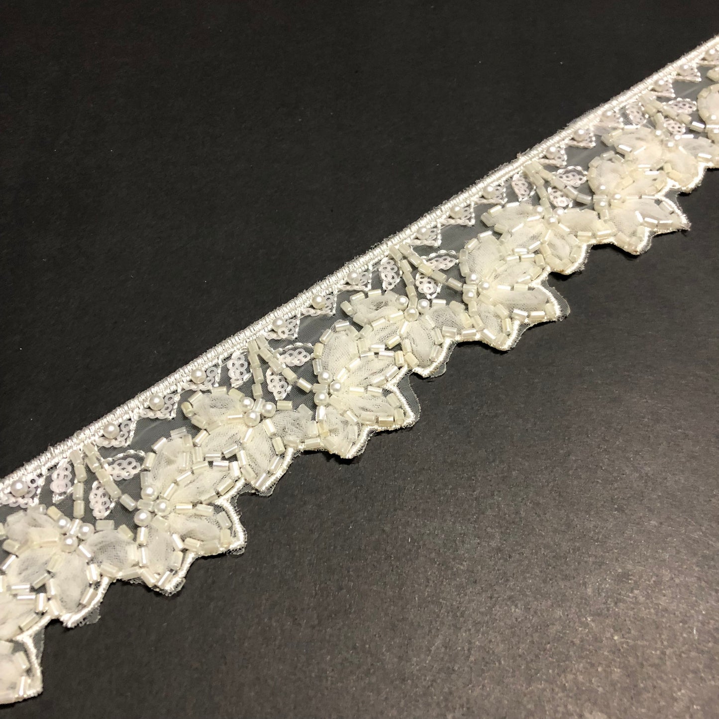 Peony Off-white Pearl, Silver Sequence, Off-white Cutdana, and Off-white Net Lace