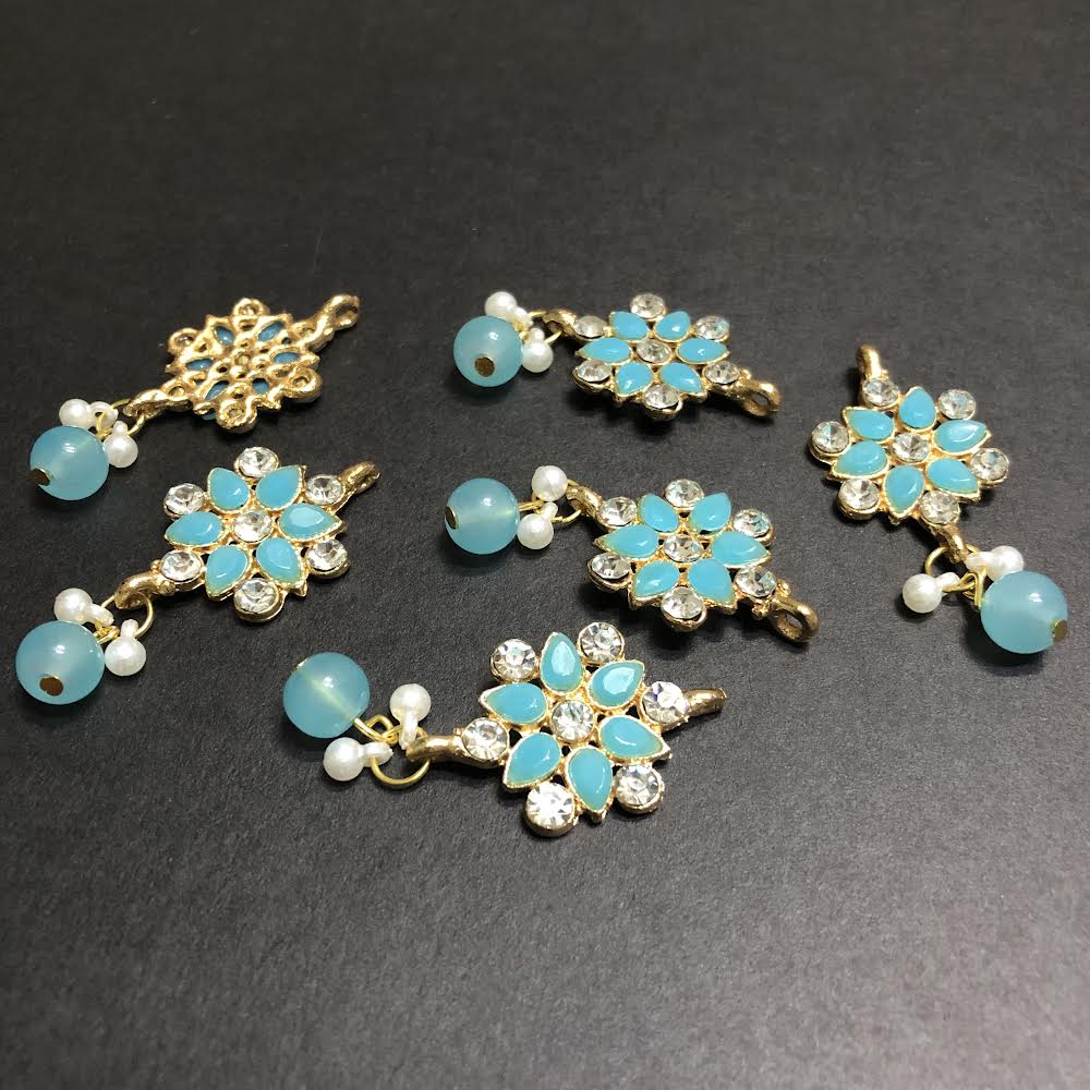 Refined Light Blue Opulent with Off-White Pearls and Silver Crystals Golden Button