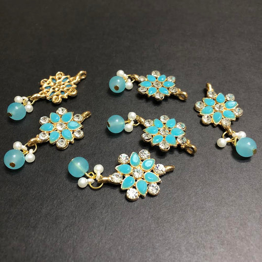 Refined Light Blue Opulent with Off-White Pearls and Silver Crystals Golden Button
