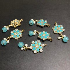 Refined Light Blue Opulent with Off-White Pearls and Silver Crystals Golden Button