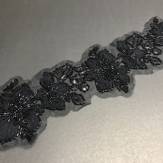 Floral Leafy Black Sequence, Cutdana, and Net Tissue Lace