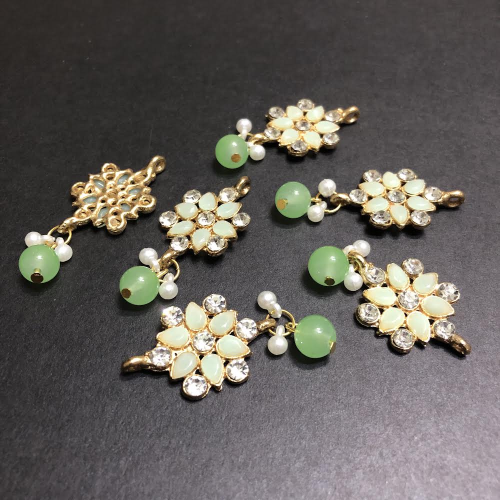 Refined Mint Green Opulent with Off-White Pearls and Silver Crystals Golden Button