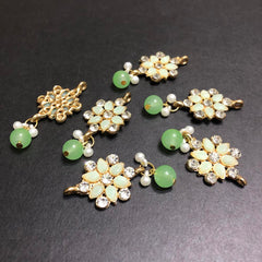 Refined Mint Green Opulent with Off-White Pearls and Silver Crystals Golden Button