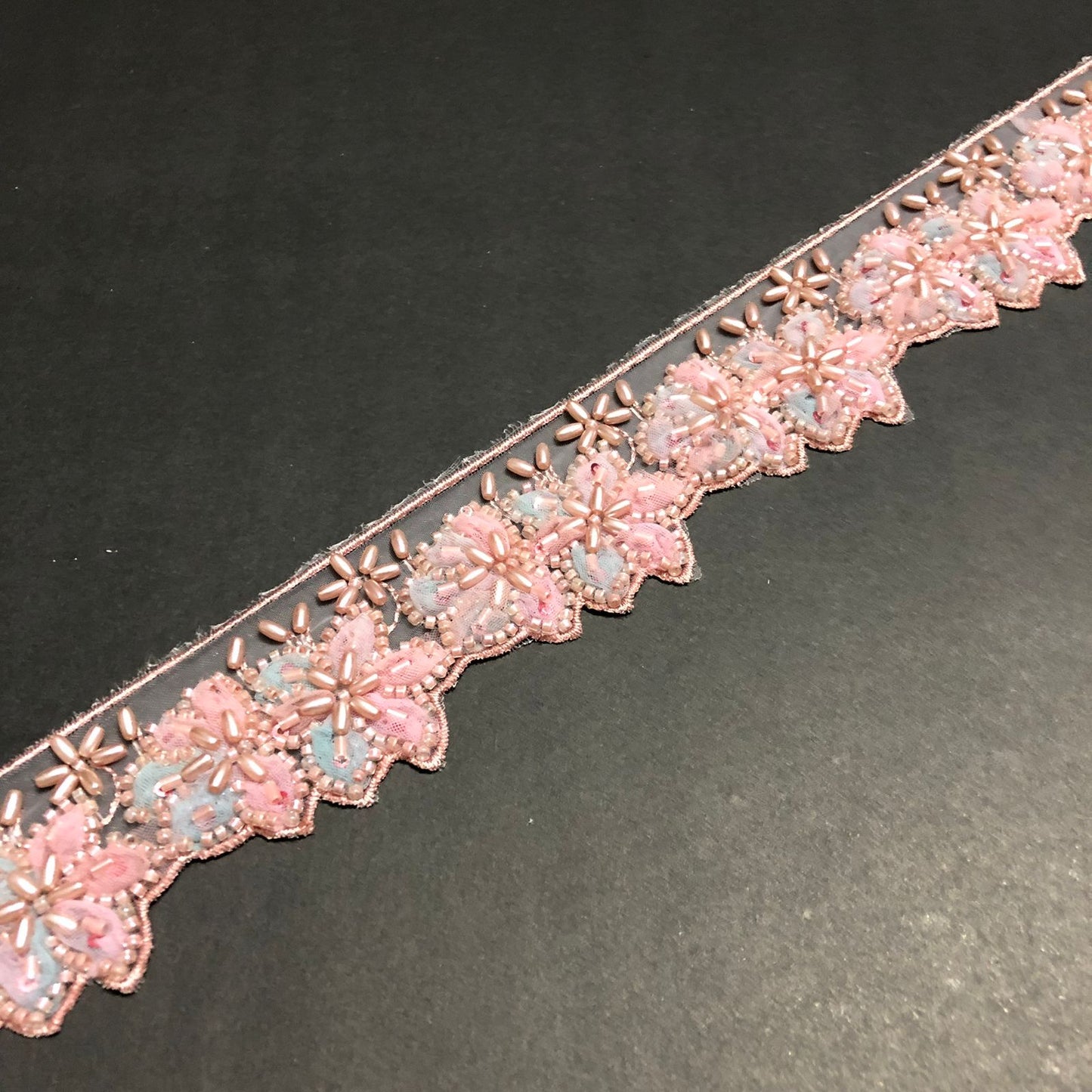 Cut-Edge Bloomy Baby Pink Cutdana, Baby Pink Beads, and Pink and Light Blue Net Tissue Lace