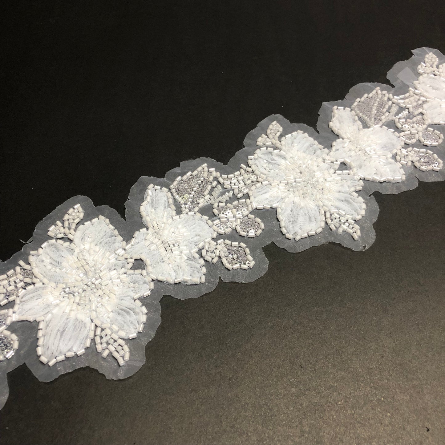 Floral Leafy Silver Sequence, Off-white Cutdana and Net Tissue Lace