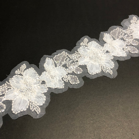Floral Leafy Silver Sequence, Off-white Cutdana and Net Tissue Lace
