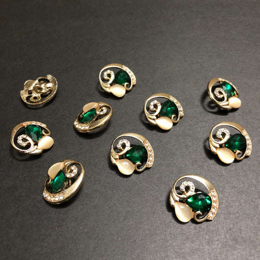Cyclone Charms Silver Crystals with Beige Marbles and Emerald Green Stone Golden Buttons