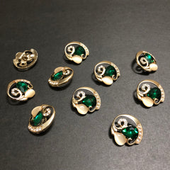 Cyclone Charms Silver Crystals with Beige Marbles and Emerald Green Stone Golden Buttons