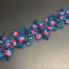 Floral Leafy Blue Sequence, Cutdana and Rose Pink Plus Blue Net Tissue Lace