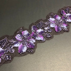 Floral Leafy Purple Sequence, Cutdana and Violet Net Tissue Lace