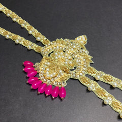 Golden Crown with Shocking Pink Beads and Off-White Pearly Motif Golden Backstripe