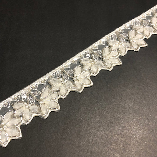 Peony Off-white Pearl, Silver Sequence, Cutdana and Off-white Net Lace