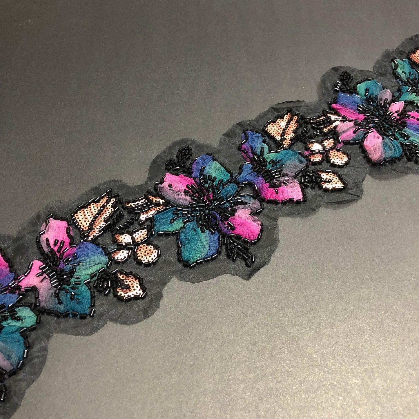 Floral Leafy Rose Gold Sequence, Black Cutdana and Butterfly Coloured Net Tissue Lace