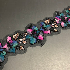 Floral Leafy Rose Gold Sequence, Black Cutdana and Butterfly Coloured Net Tissue Lace