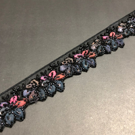 Cut-Edge Bloomy Black Cutdana, Black Beads, and Pink, Rust, Metallic Grey, and Light Brown Net Tissue Lace