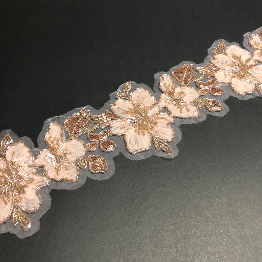 Floral Leafy Rose Gold Sequence, Golden Cutdana and Peach Net Tissue Lace
