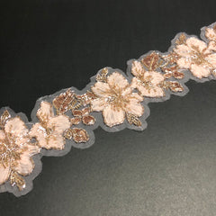 Floral Leafy Rose Gold Sequence, Golden Cutdana and Peach Net Tissue Lace