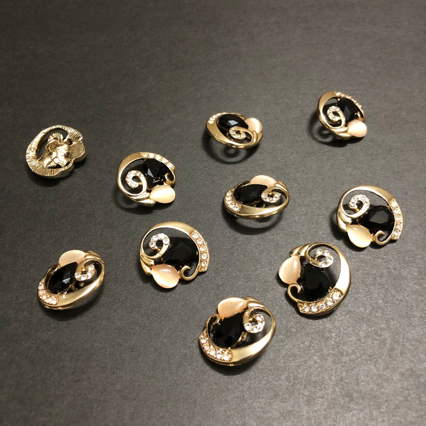 Cyclone Charms Silver Crystals with Beige Marble and Black Stone Golden Buttons