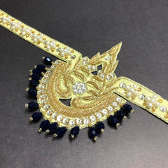 Alluring Navy Blue Crystals with Off-white Pearls Motif Golden Backstripe