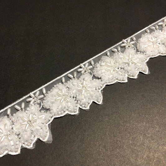 Cut-Edge Bloomy White Cutdana, Beads, and Net Tissue Lace