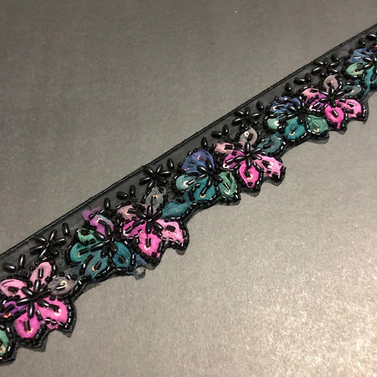 Cut-Edge Bloomy Black Cutdana, Beads, and Rose Pink, Aqua Green and Purple Net Tissue Lace