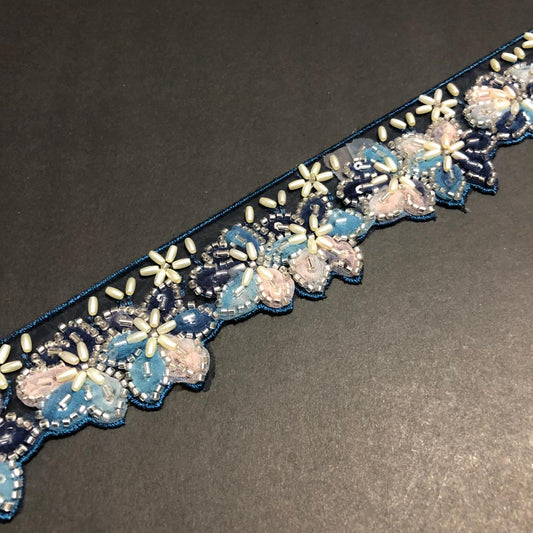 Cut-Edge Bloomy Silver Cutdana, Off-white Beads, and Rose Pink, Navy Blue, Blue and Sky Blue Net Tissue Lace