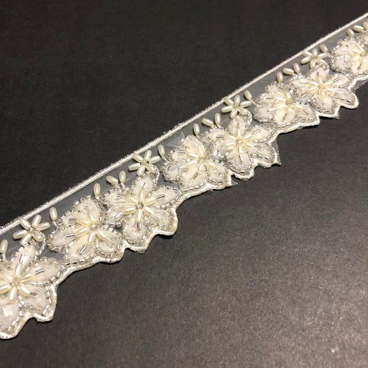 Cut-Edge Bloomy Silver Cutdana, Off-white Beads, and Off-white Net Tissue Lace