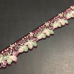 Cut-Edge Bloomy Silver Cutdana, Off-White Beads, and Maroon, Baby Pink, Light Green and Mauve Net Tissue Lace