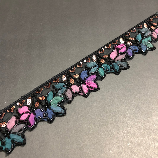 Peony Black Pearl, Bronze Sequence, Black Cutdana and Aqua Green, Rose Pink, and Purple Net Lace