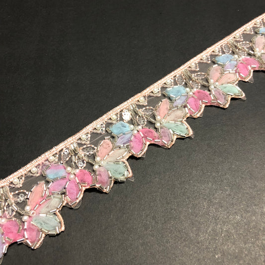 Peony White Pearl, Silver Sequence, Cutdana, and Skin Colour, Rose Pink, Mint Green and Light Blue Net Lace