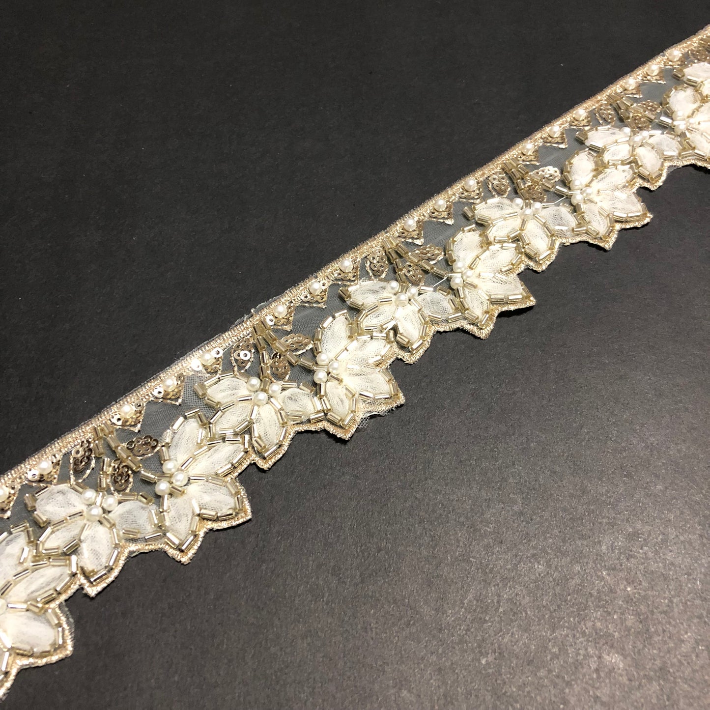 Peony Off-white Pearl, Golden Sequence, Golden Cutdana, and Off-white Net Lace