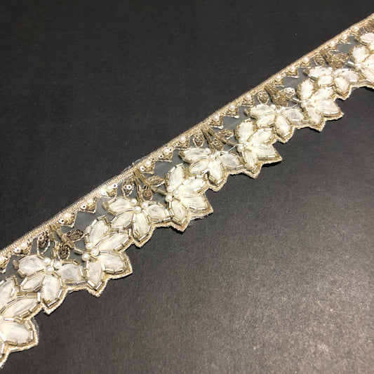 Peony Off-white Pearl, Golden Sequence, Golden Cutdana, and Off-white Net Lace