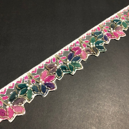 Peony Off-white Pearl, Pink Sequence, Golden Cutdana, and Emerald Green, Plum, Pink, and Mauve Net Lace